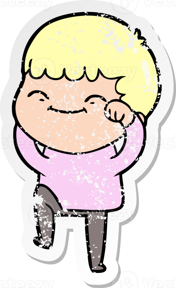 distressed sticker of a cartoon happy boy png