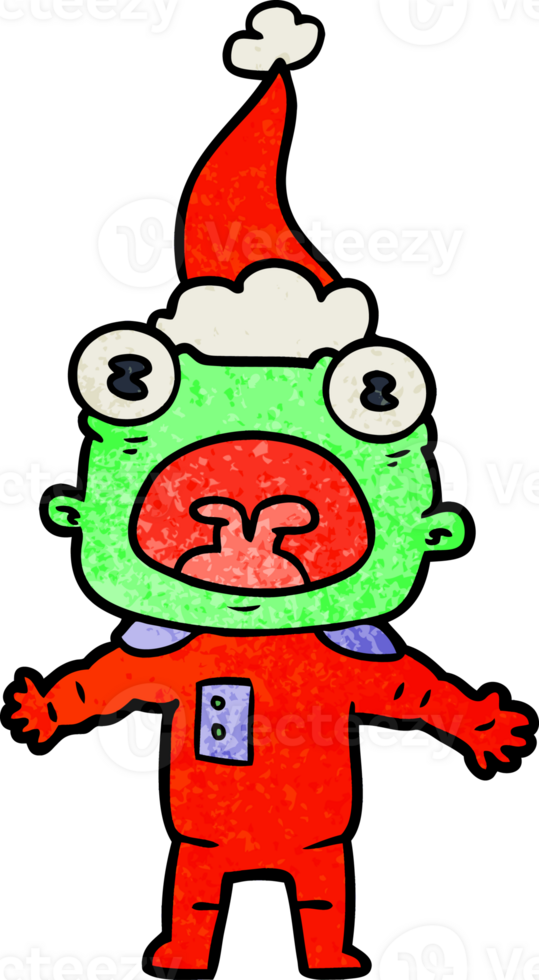 hand drawn textured cartoon of a weird alien communicating wearing santa hat png