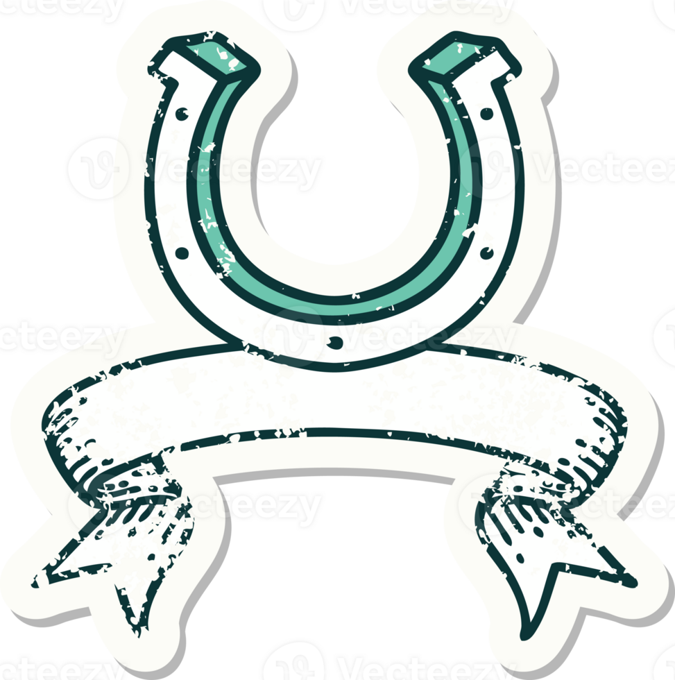 worn old sticker with banner of a horse shoe png