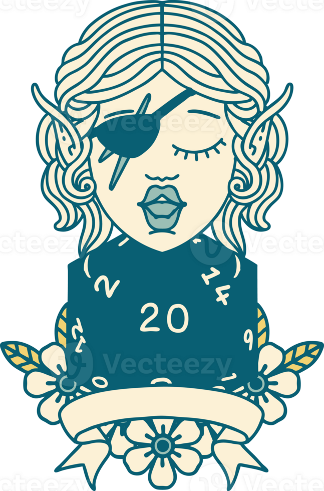 Retro Tattoo Style elf rogue character with natural twenty dice roll png
