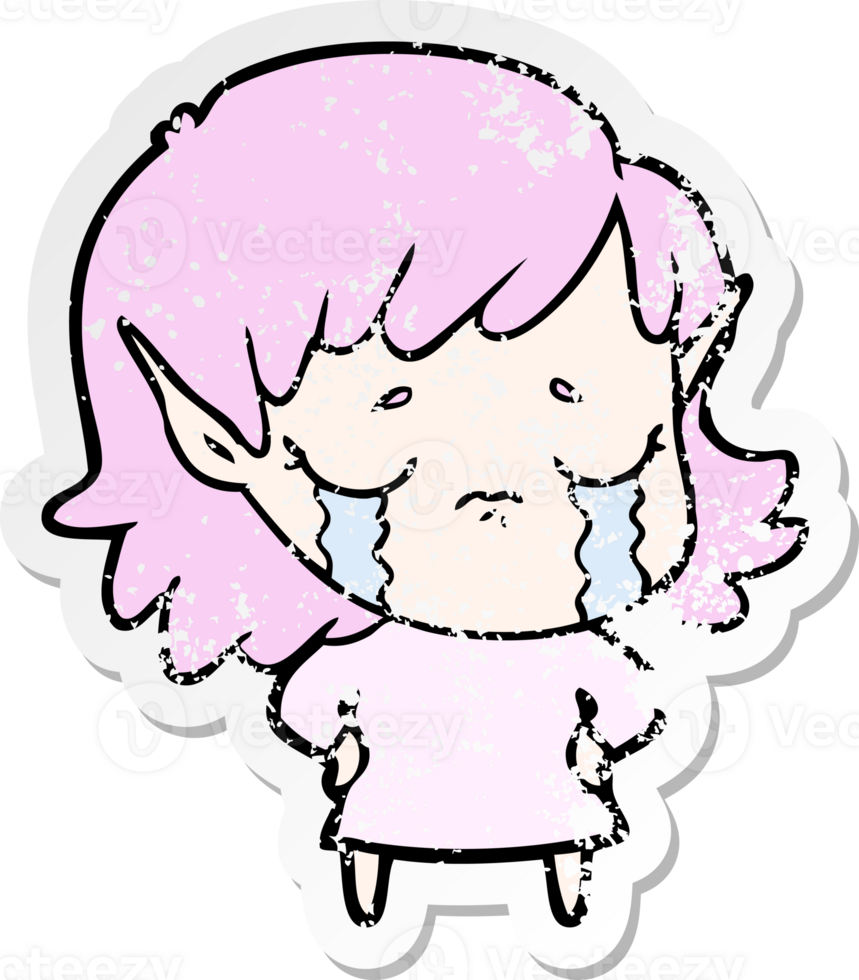distressed sticker of a cartoon crying elf girl png