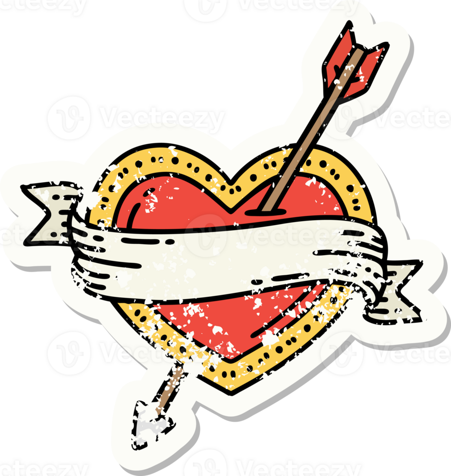 distressed sticker tattoo in traditional style of an arrow heart and banner png
