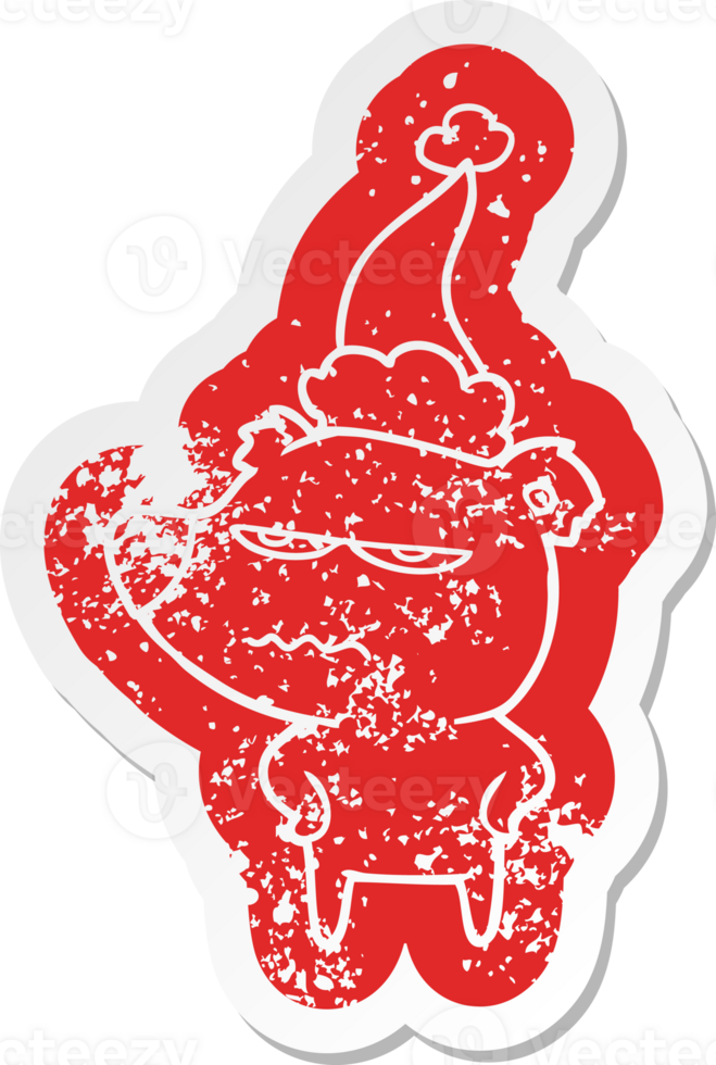 angry bear polar quirky cartoon distressed sticker of a wearing santa hat png