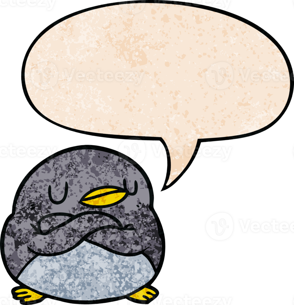 cartoon penguin with crossed arms with speech bubble in retro texture style png
