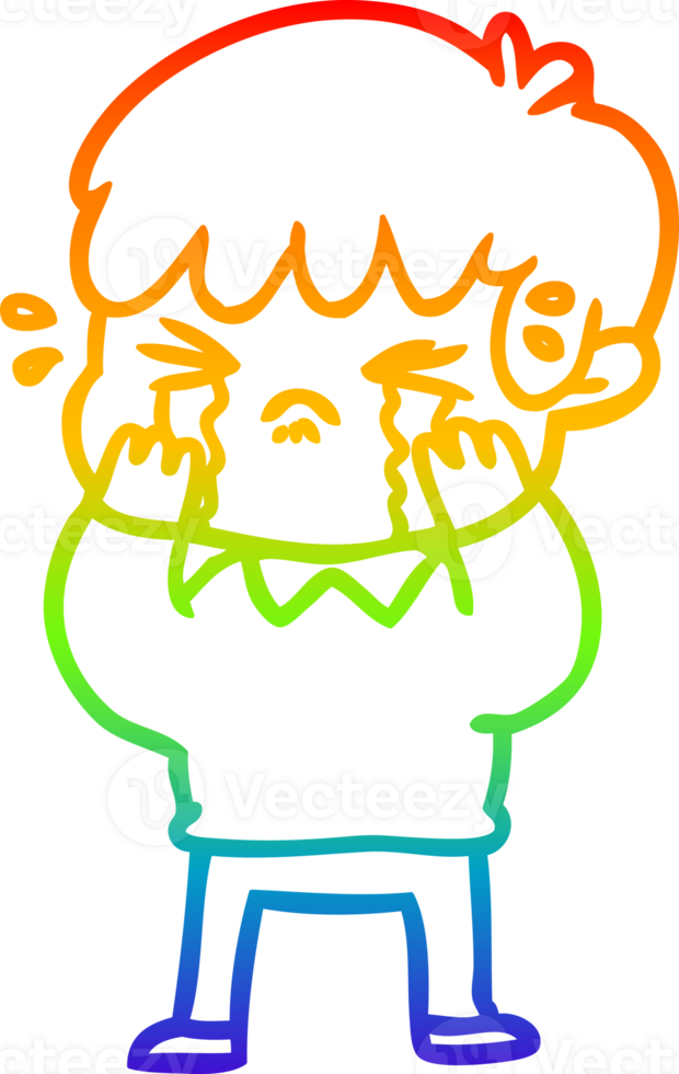 rainbow gradient line drawing of a cartoon boy crying png