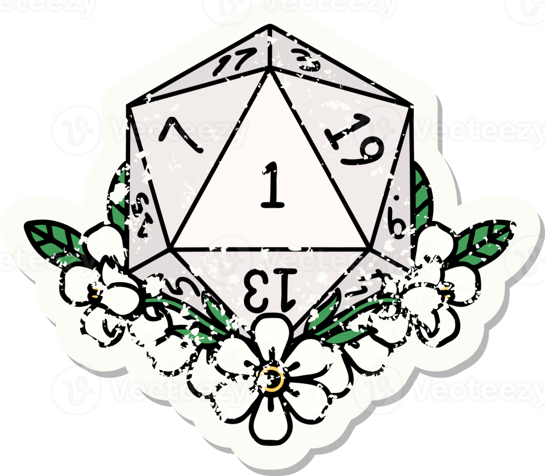 grunge sticker of a natural one dice roll with floral elements png