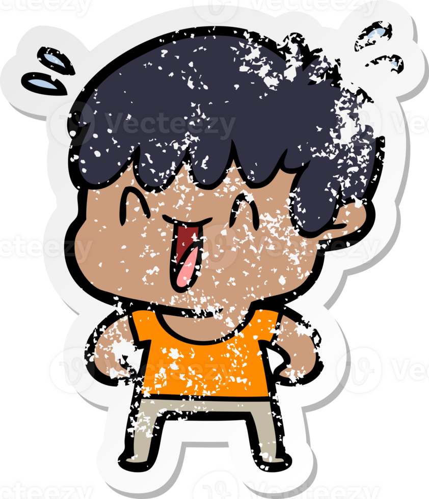 distressed sticker of a cartoon laughing boy png