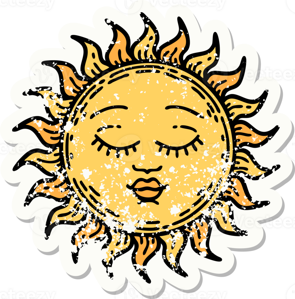 distressed sticker tattoo in traditional style of a sun png