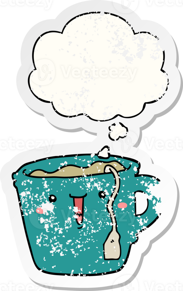 cute cartoon coffee cup with thought bubble as a distressed worn sticker png