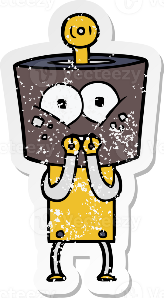 distressed sticker of a happy cartoon robot laughing nervously png