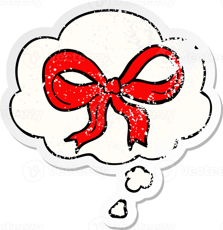 cartoon decorative bow with thought bubble as a distressed worn sticker png