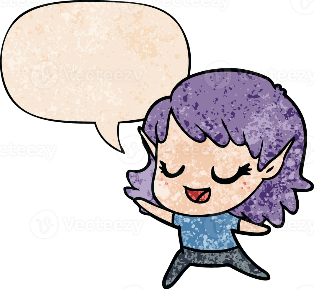 carton happy elf girl dancing with speech bubble in retro texture style png