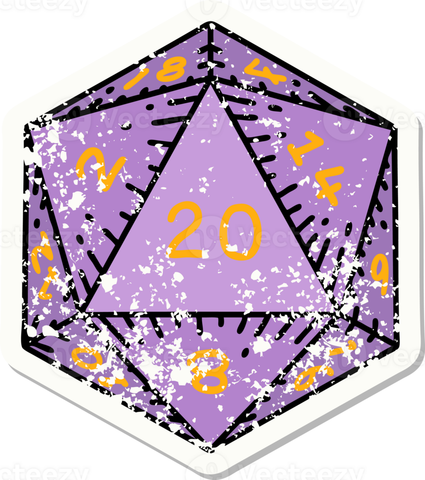 grunge sticker of a natural 20 D20 dice roll png