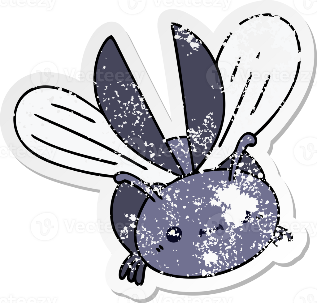 distressed sticker of a quirky hand drawn cartoon flying beetle png