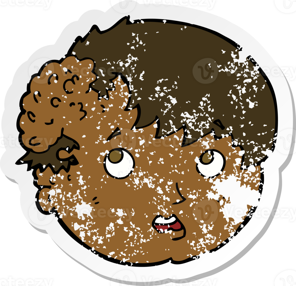 retro distressed sticker of a cartoon boy with ugly growth on head png