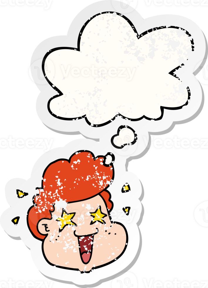 cartoon boy's face with thought bubble as a distressed worn sticker png