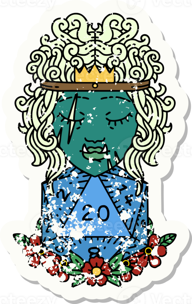 Retro Tattoo Style half orc barbarian with natural twenty dice roll png