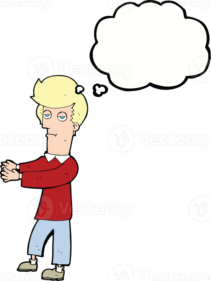 cartoon bored man showing the way with thought bubble png
