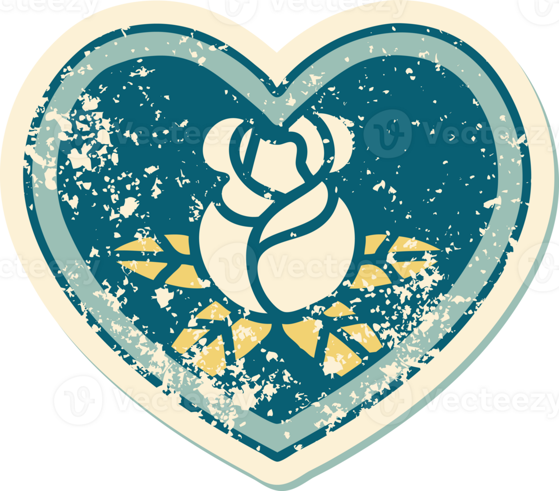 iconic distressed sticker tattoo style image of a heart and flowers png
