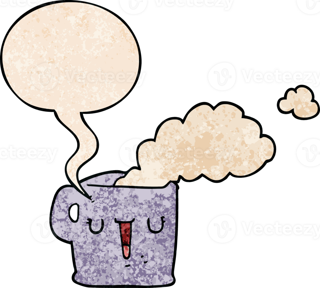 cartoon hot cup of coffee with speech bubble in retro texture style png