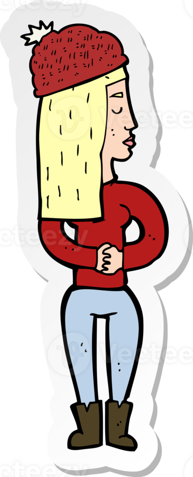 sticker of a cartoon woman wearing winter hat png