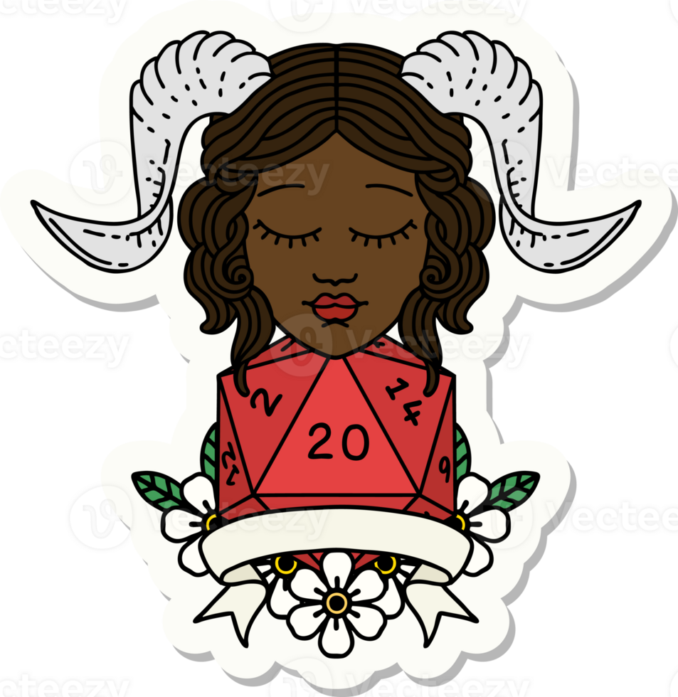 sticker of a tiefling with natural twenty dice roll png