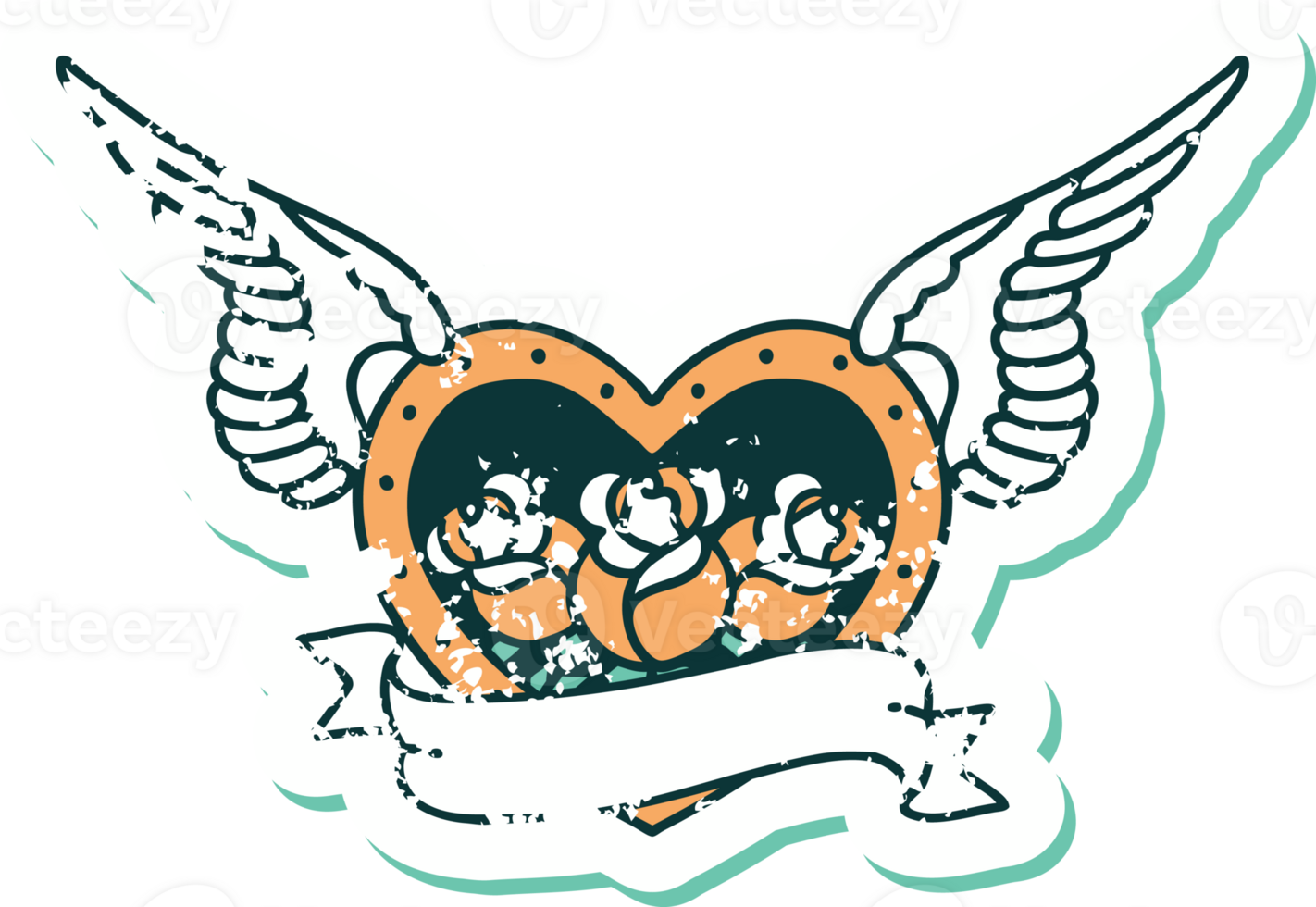 iconic distressed sticker tattoo style image of a flying heart with flowers and banner png