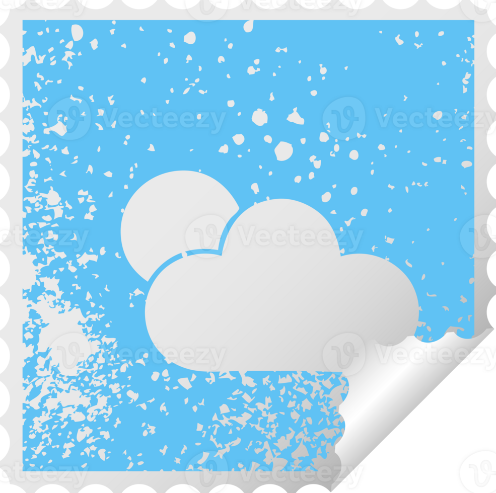 distressed square peeling sticker symbol of a sunshine and cloud png