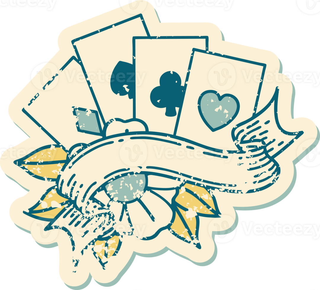 iconic distressed sticker tattoo style image of cards and banner png