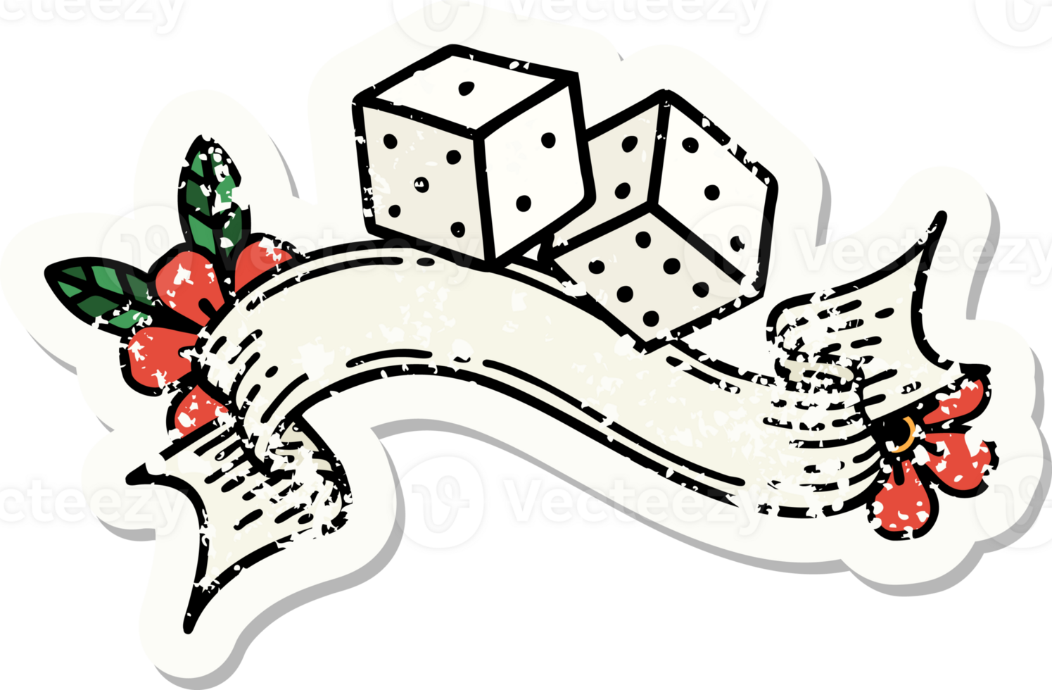 worn old sticker with banner of lucky dice png
