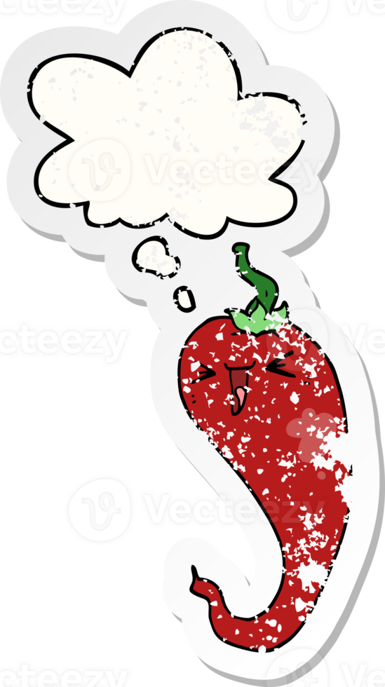 cartoon hot chili pepper with thought bubble as a distressed worn sticker png