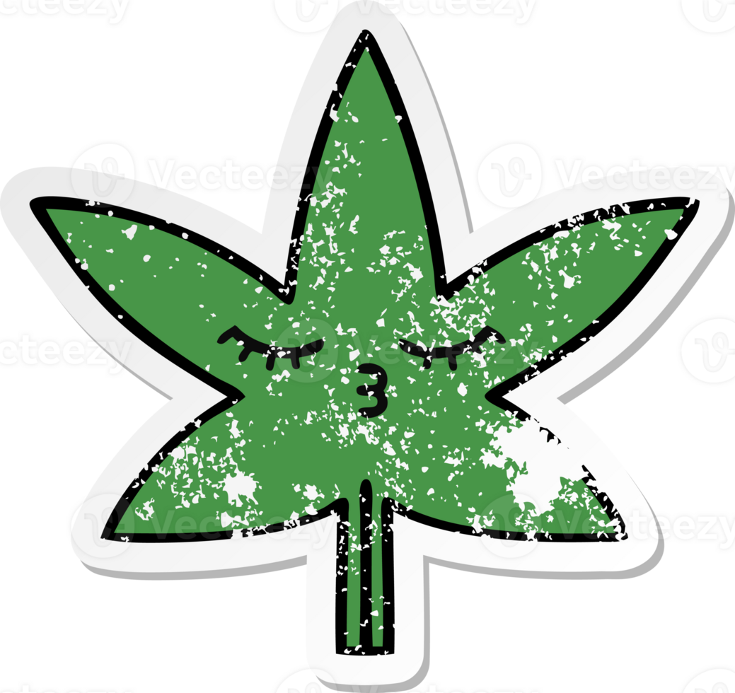 distressed sticker of a cute cartoon marijuana leaf png