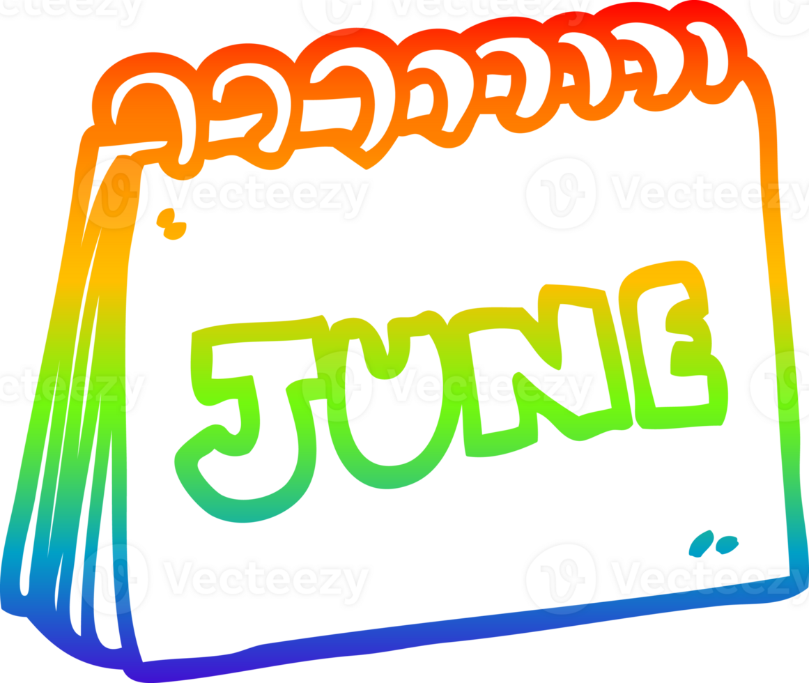 rainbow gradient line drawing of a cartoon calendar showing month of june png