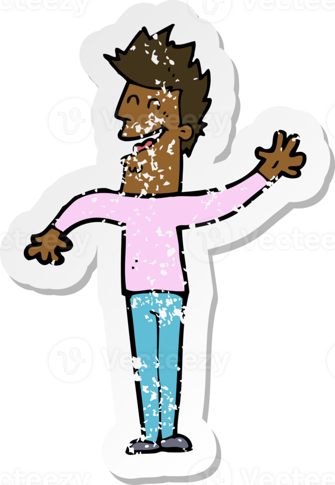 retro distressed sticker of a cartoon happy man waving png