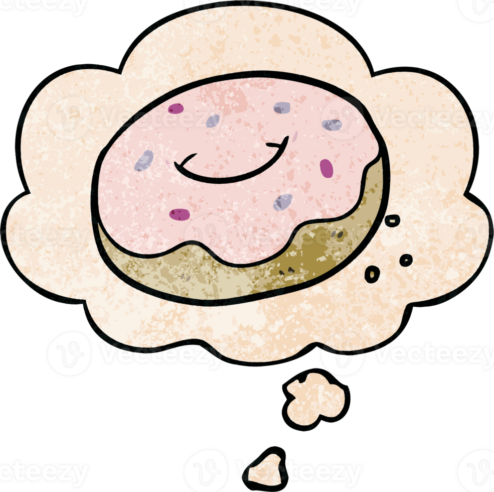 cartoon donut with thought bubble in grunge texture style png