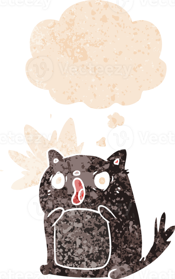 cartoon shocked cat with thought bubble in grunge distressed retro textured style png