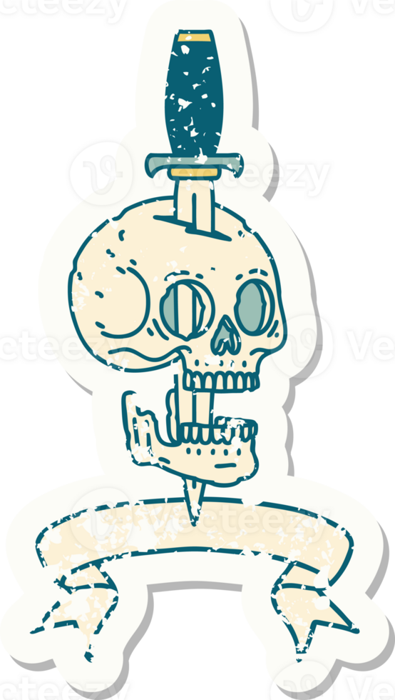 worn old sticker with banner of a skull png