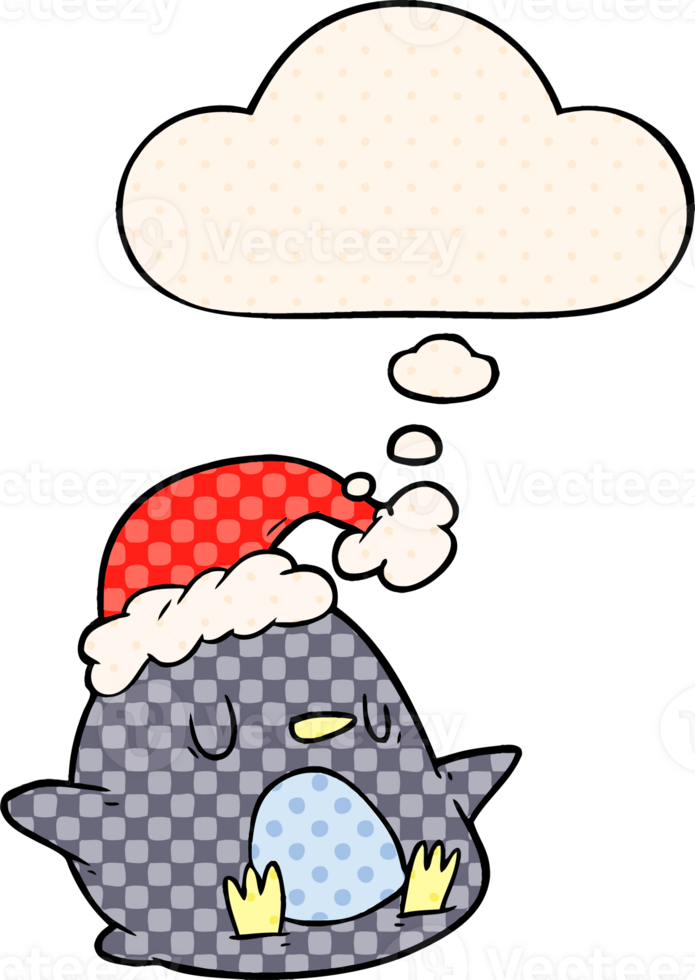 cute cartoon penguin with thought bubble in comic book style png