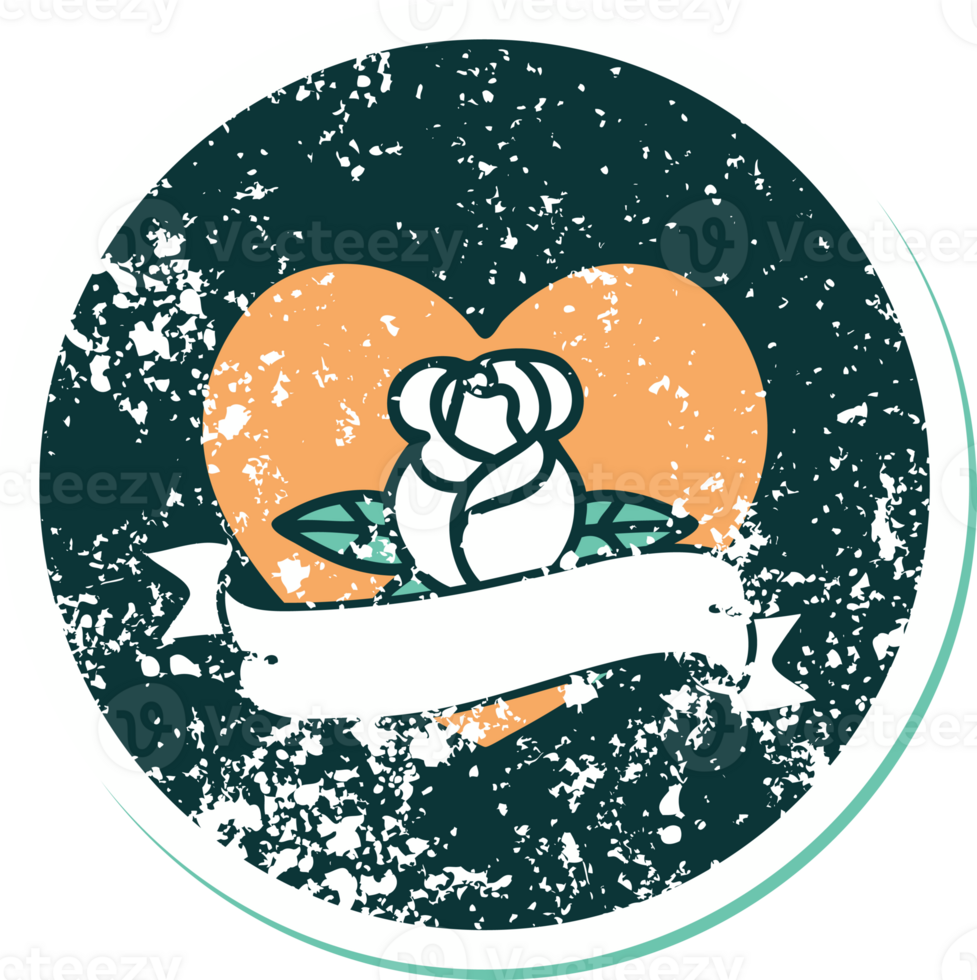 iconic distressed sticker tattoo style image of a heart rose and banner png