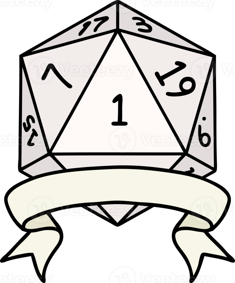 Retro Tattoo Style natural one d20 dice roll png