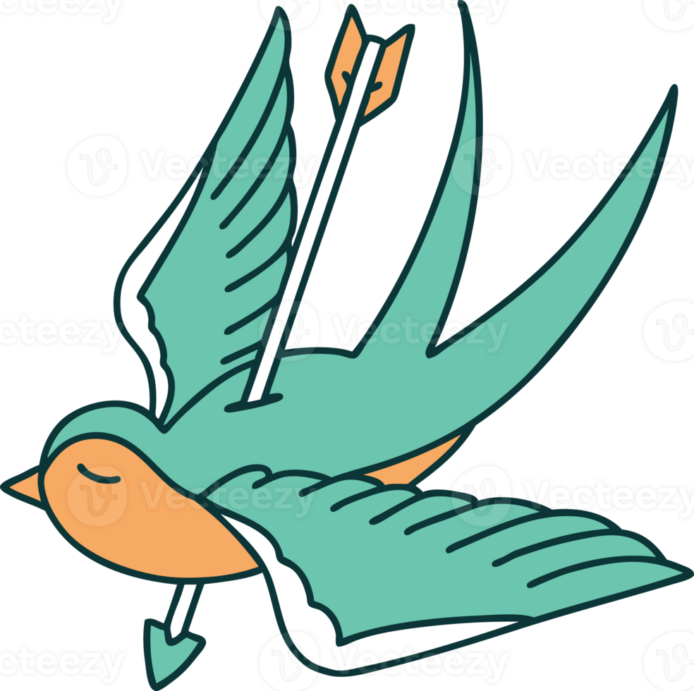 iconic tattoo style image of a swallow shot through with arrow png
