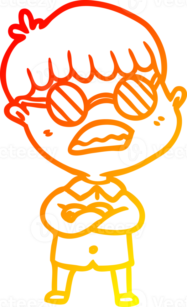 warm gradient line drawing of a cartoon boy with crossed arms wearing spectacles png