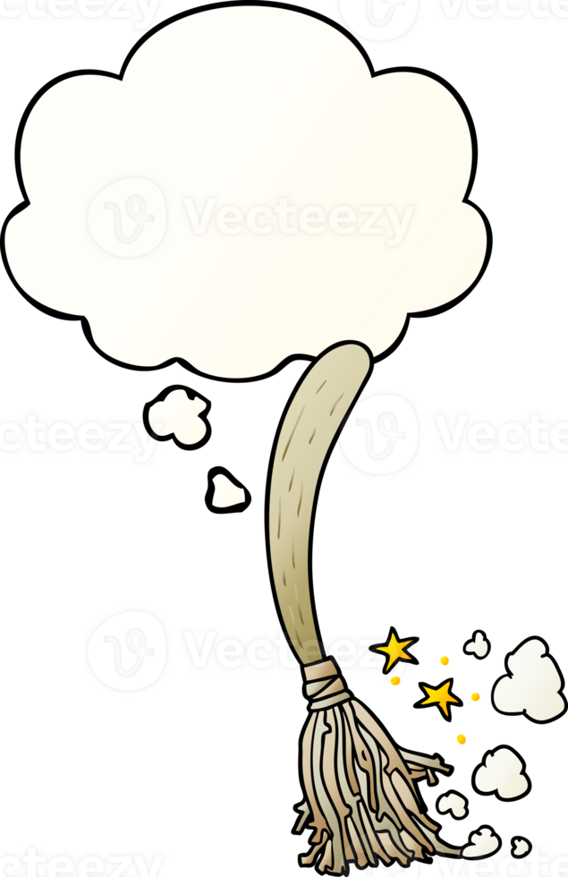 cartoon magic broom with thought bubble in smooth gradient style png