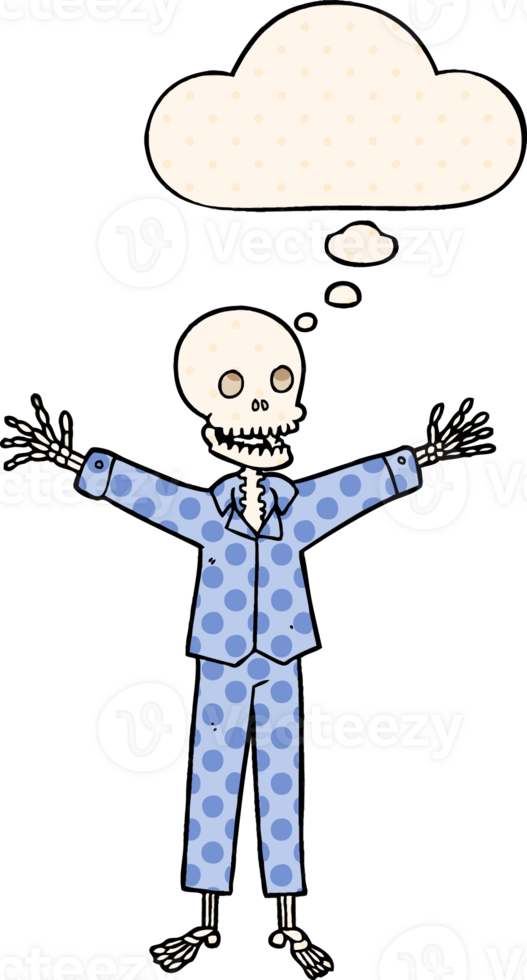 cartoon skeleton wearing pajamas with thought bubble in comic book style png