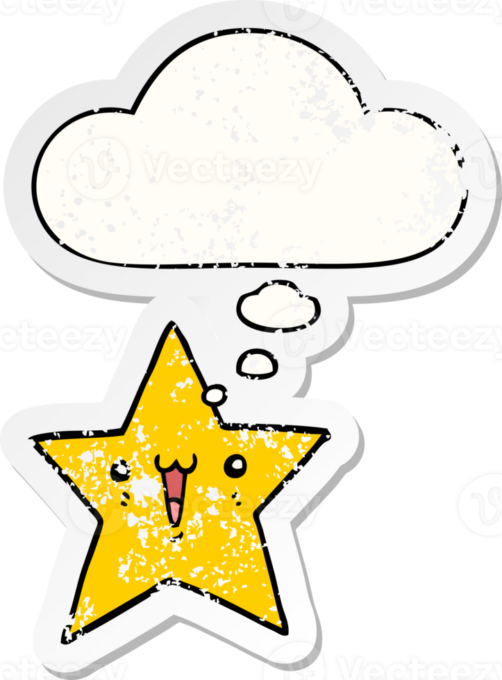 happy cartoon star with thought bubble as a distressed worn sticker png
