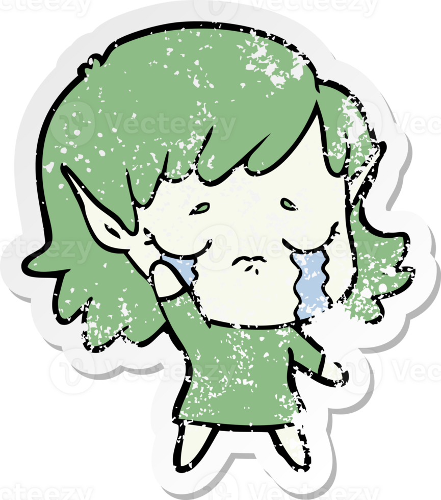 distressed sticker of a cartoon crying elf girl png