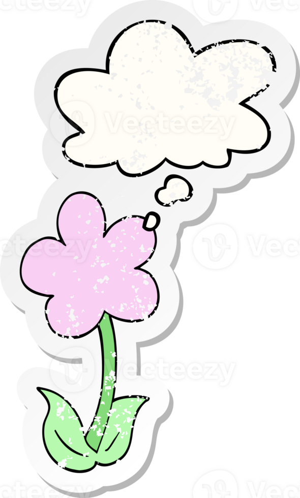 cute cartoon flower with thought bubble as a distressed worn sticker png