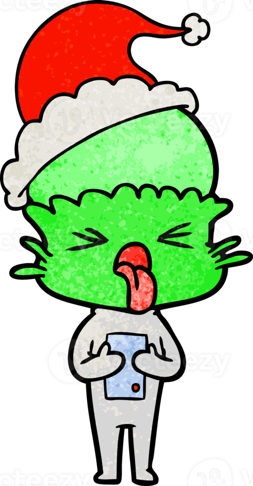 disgusted hand drawn textured cartoon of a alien wearing santa hat png