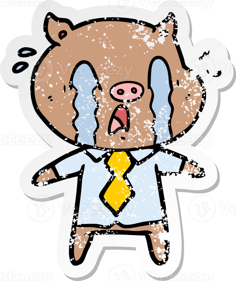 distressed sticker of a crying pig cartoon wearing human clothes png
