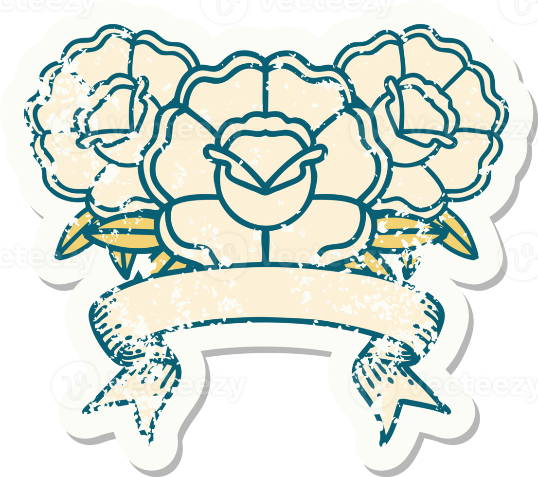 worn old sticker with banner of a bouquet of flowers png